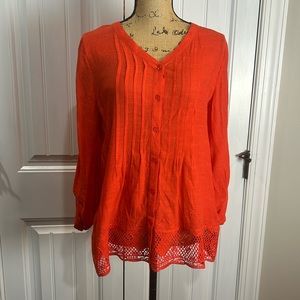 New Direction Orange Button Front Blouse Lace Hem Long Sleeve Size Small